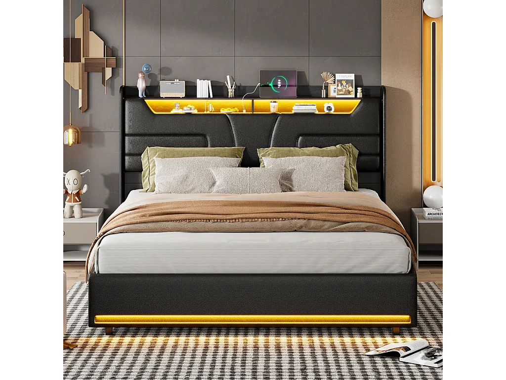 Lit coffre 140x200 cm avec éclairage LED et charge USB, rangement et tete de lit, PU, noir