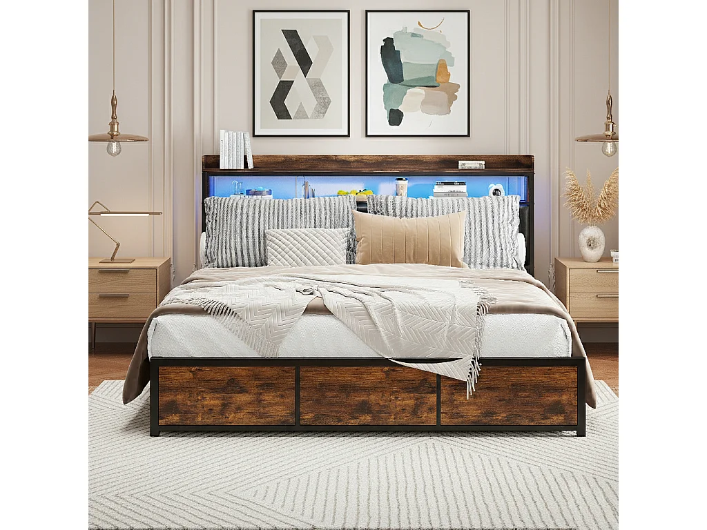 Lit capitonné en métal 160x200 cm, avec tête de lit LED et 4 tiroirs, PU, Marron