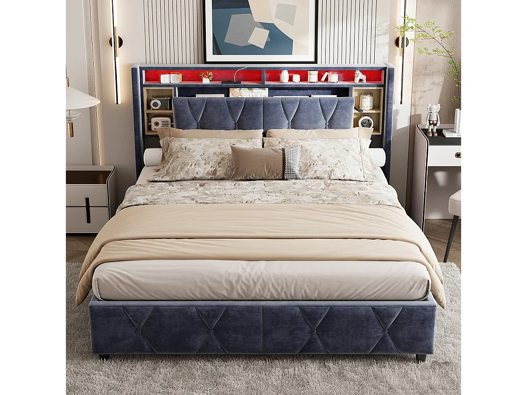 Lit coffre 160x200 cm avec USB et type-c, lumière LED, velours, gris