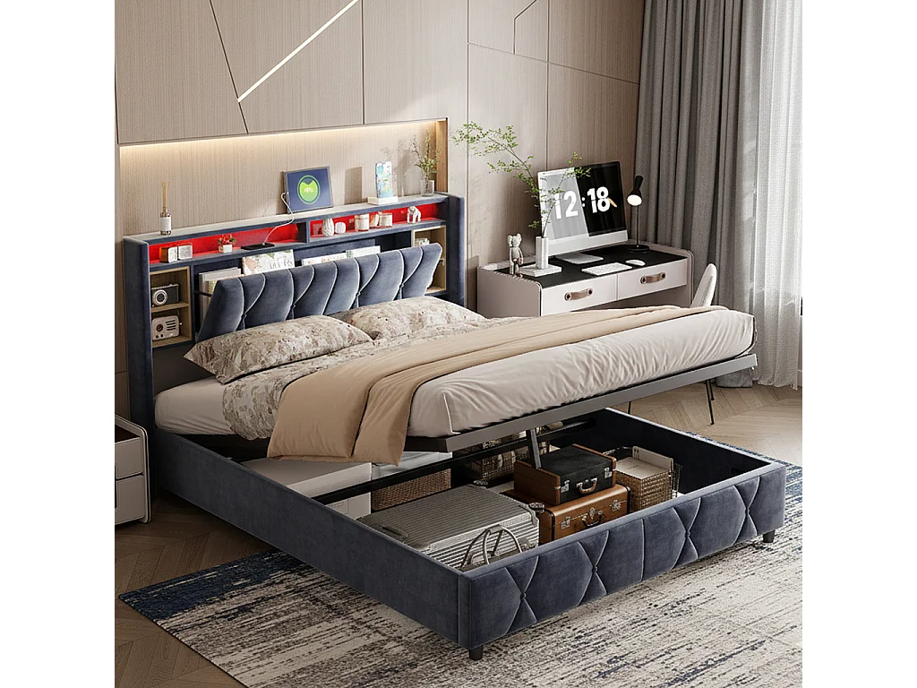 Lit coffre 160x200 cm avec USB et type-c, lumière LED, velours, gris