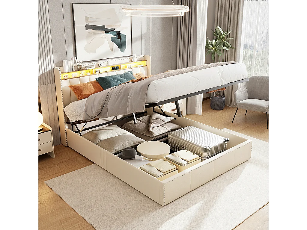 Lit capitonné 140x200 cm, avec LED, charge USB de type c, espace de rangement, beige
