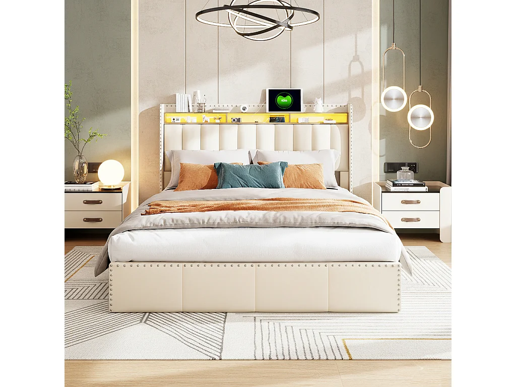 Lit capitonné 140x200 cm, avec LED, charge USB de type c, espace de rangement, beige