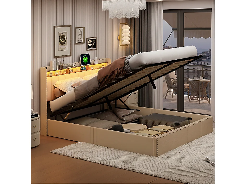 Lit capitonné 140x200 cm, avec LED, charge USB de type c, espace de rangement, beige