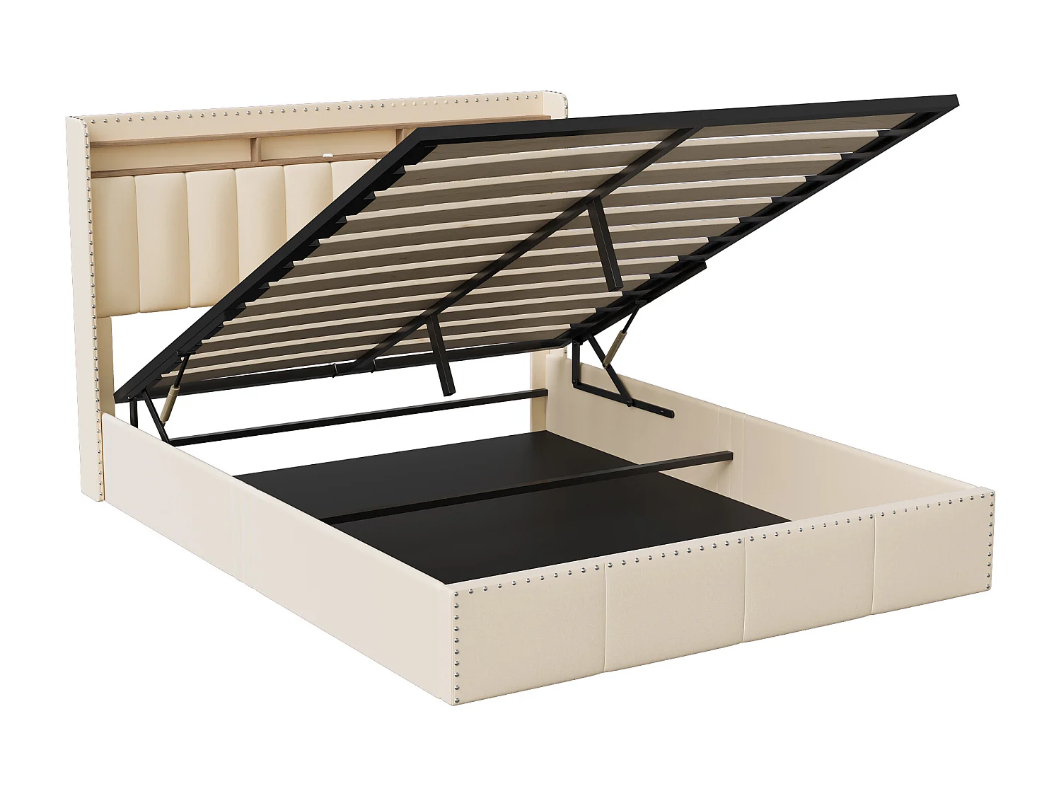 Lit capitonné 140x200 cm, avec LED, charge USB de type c, espace de rangement, beige