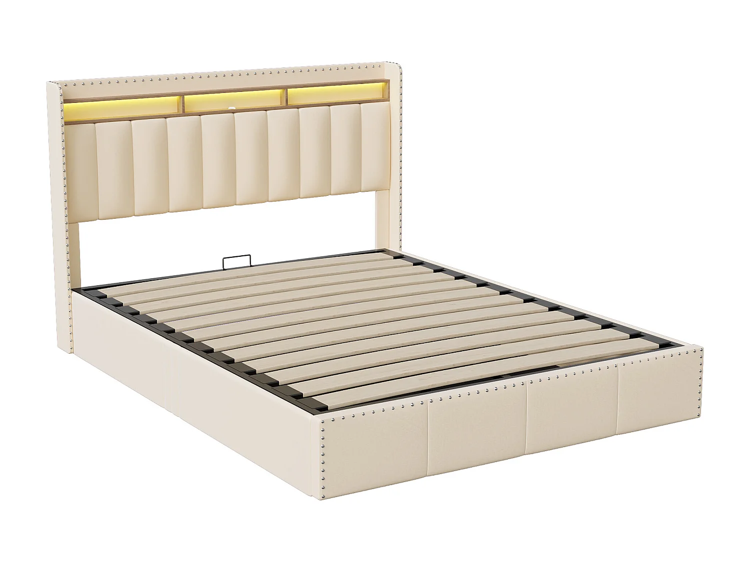 Lit capitonné 140x200 cm, avec LED, charge USB de type c, espace de rangement, beige