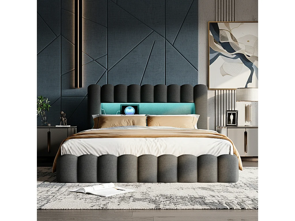 Lit adulte 140x200 cm avec LED et USB, étagères ouvertes et rangement, velours, gris