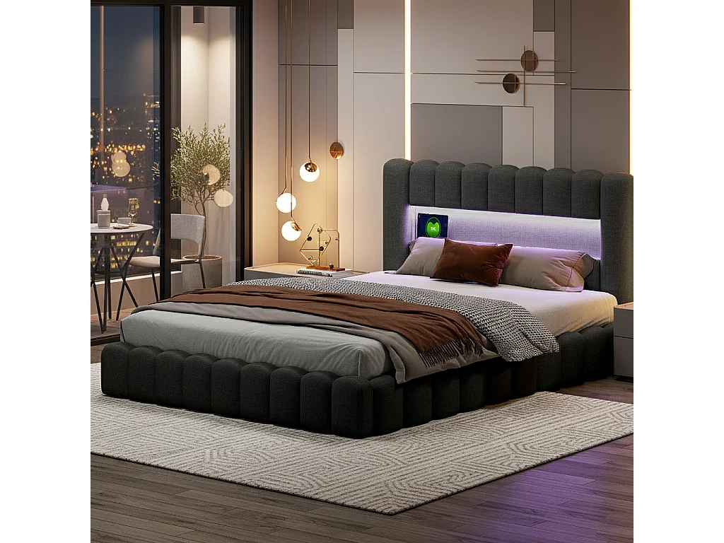 Lit adulte 140x200 cm avec LED et USB, étagères ouvertes et rangement, velours, gris