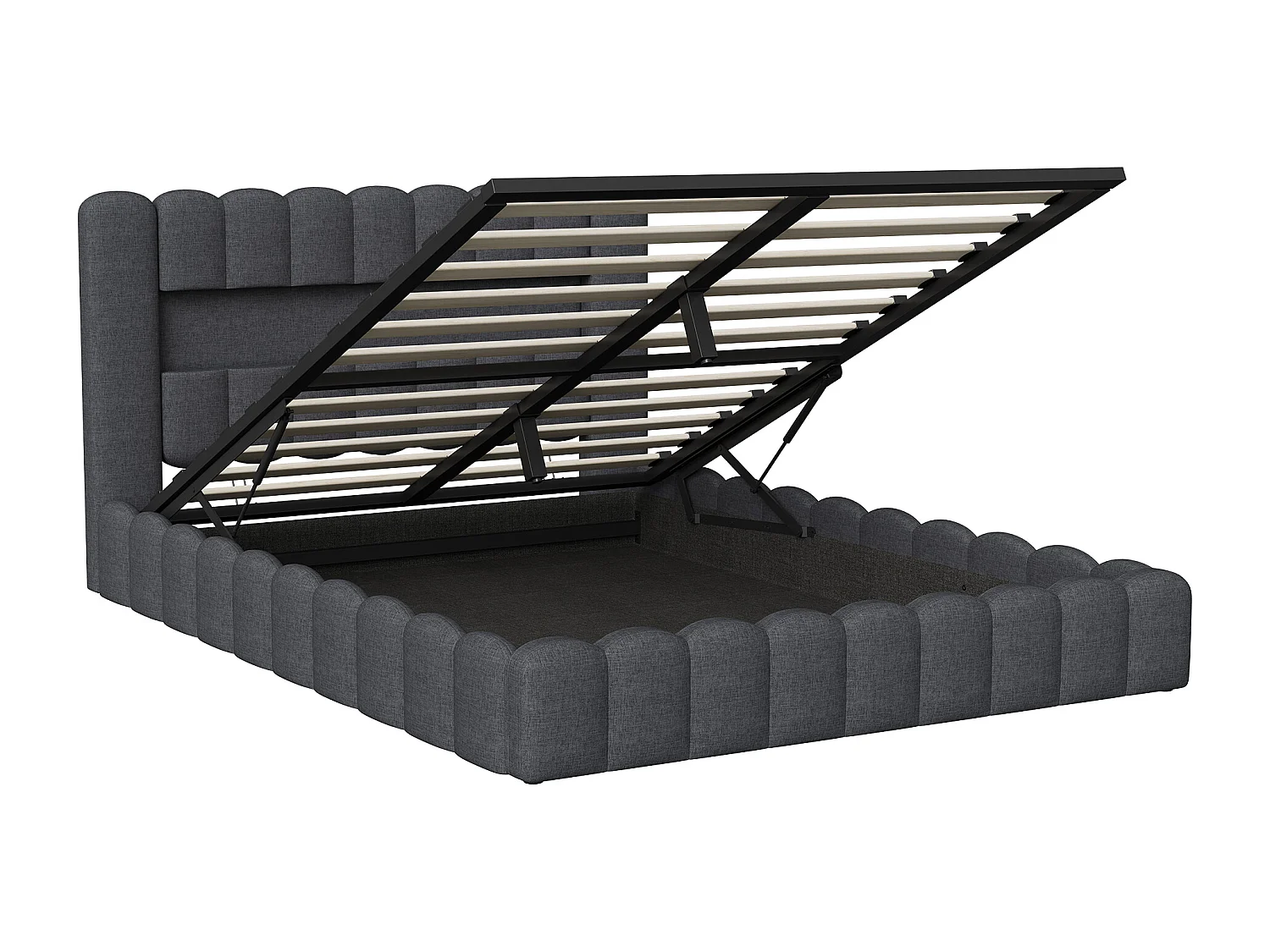 Lit adulte 140x200 cm avec LED et USB, étagères ouvertes et rangement, velours, gris