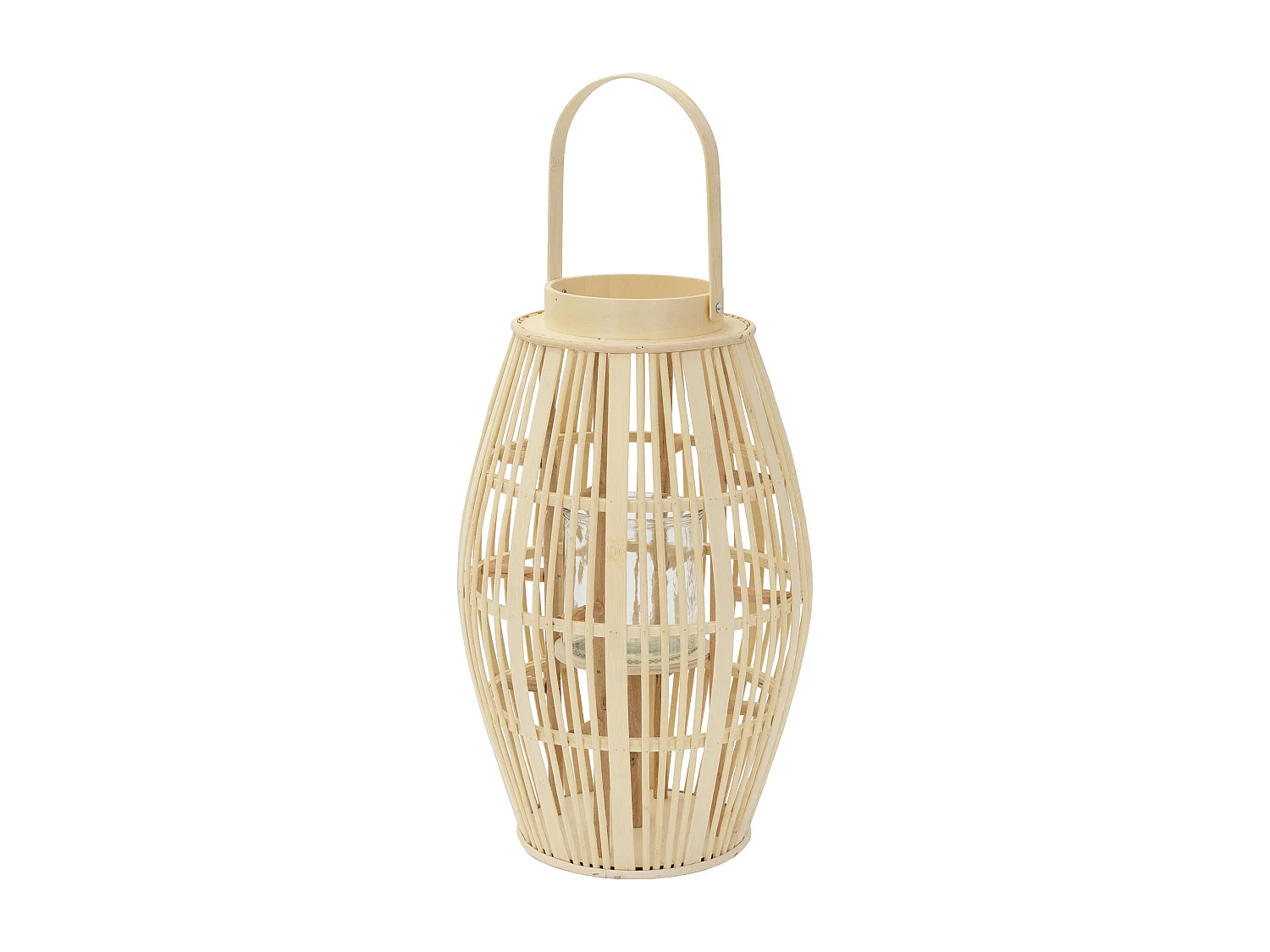Lanterne en bambou H 63 cm naturel avec poignée et insert en verre style bohème pour jardin salon porte-bougie tressé décoratif extérieur ou intérieur