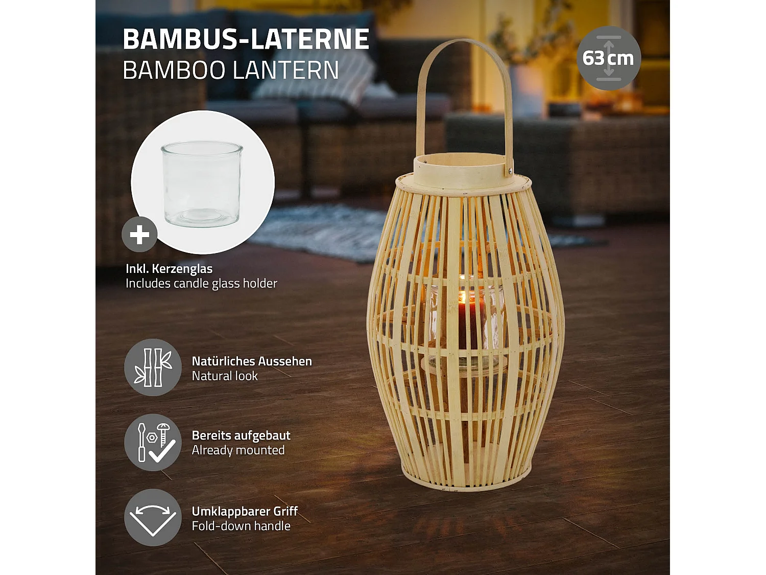 Lanterne en bambou H 63 cm naturel avec poignée et insert en verre style bohème pour jardin salon porte-bougie tressé décoratif extérieur ou intérieur