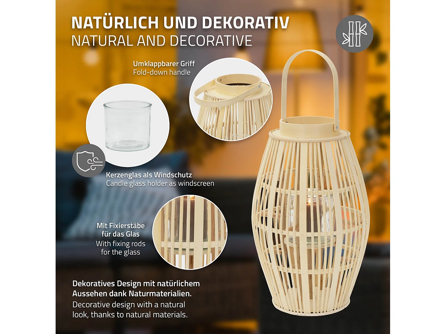 Lanterne en bambou H 63 cm naturel avec poignée et insert en verre style bohème pour jardin salon porte-bougie tressé décoratif extérieur ou intérieur