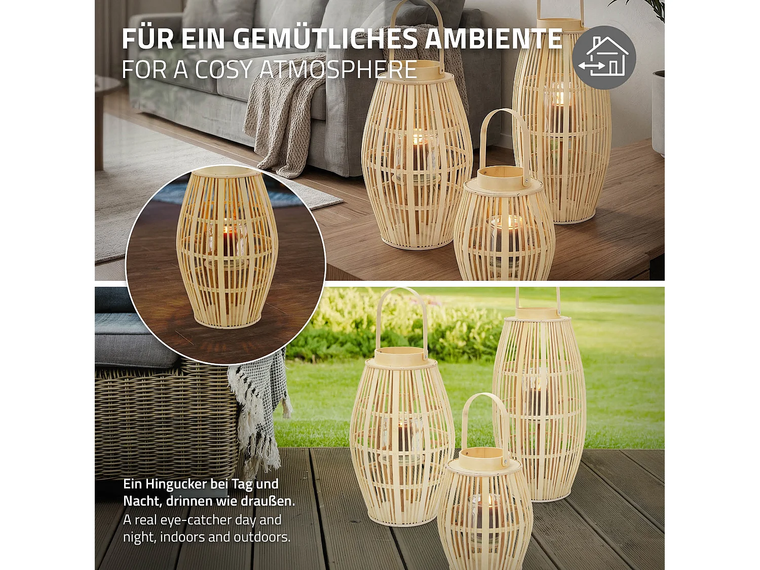Lanterne en bambou H 63 cm naturel avec poignée et insert en verre style bohème pour jardin salon porte-bougie tressé décoratif extérieur ou intérieur