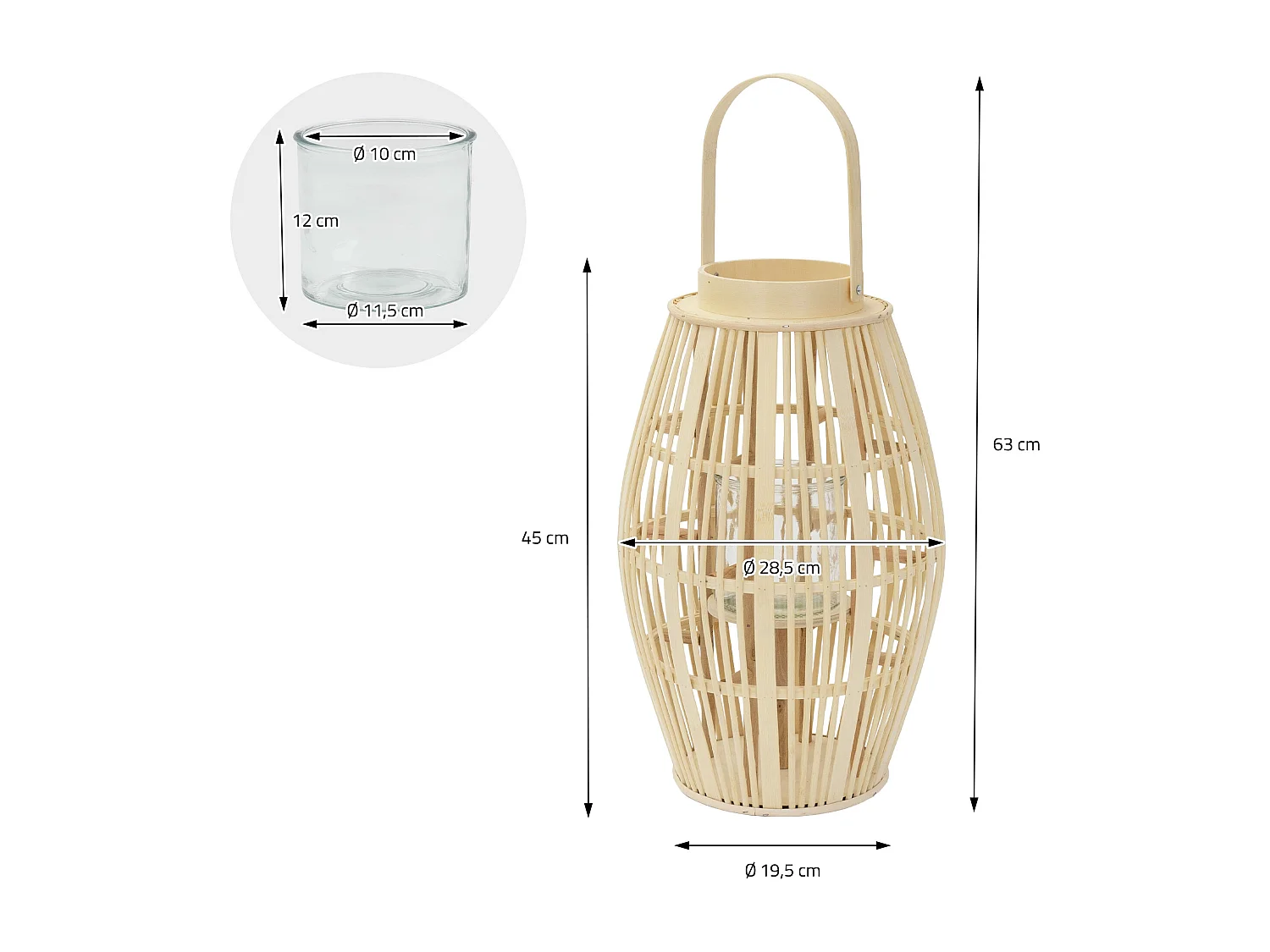 Lanterne en bambou H 63 cm naturel avec poignée et insert en verre style bohème pour jardin salon porte-bougie tressé décoratif extérieur ou intérieur