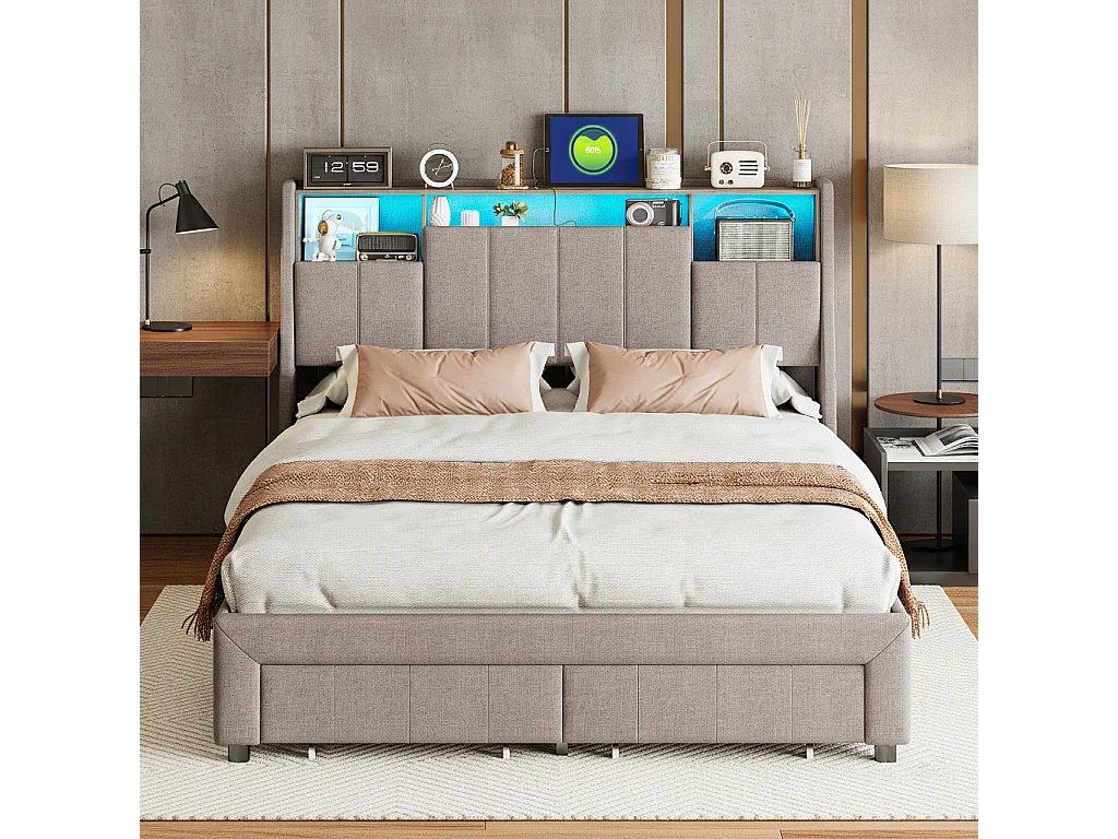 Lit double 140x200 cm, avec LED, 2 tiroirs de rangement, lin, gris
