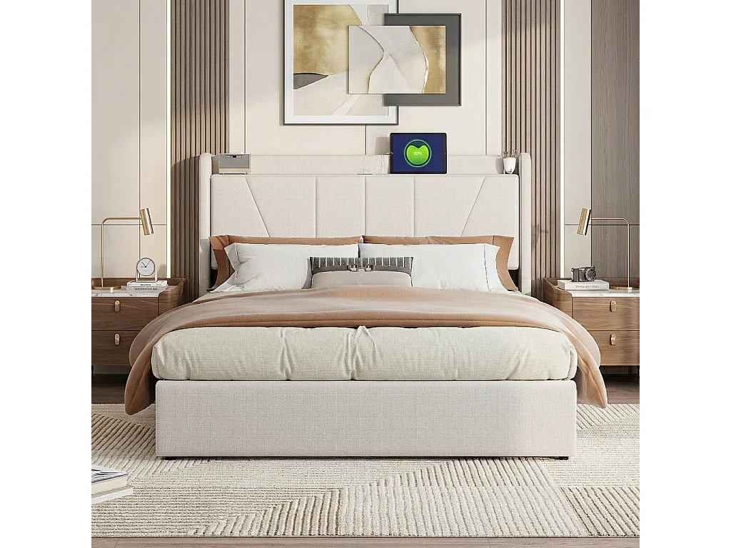 Lit coffre 140x200 cm avec étagère ouvertes et port USB, lin, beige