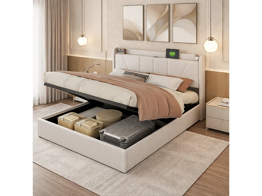 Lit coffre 140x200 cm avec étagère ouvertes et port USB, lin, beige