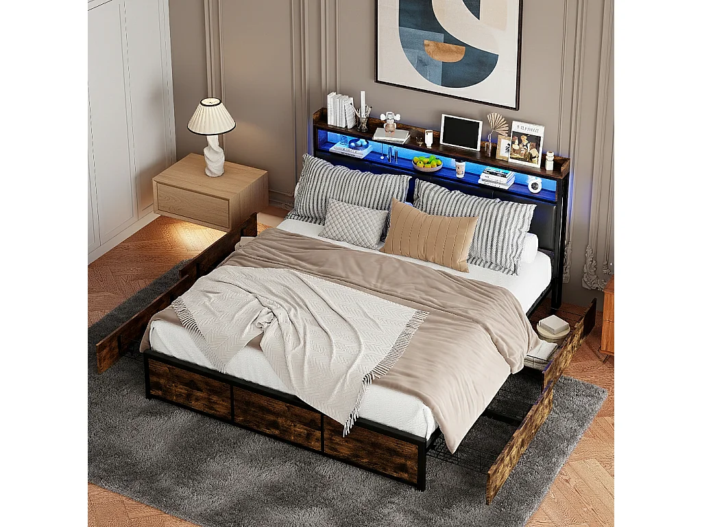 Lit capitonné en métal 180x200 cm, avec tête de lit LED et 4 tiroirs, PU, Marron
