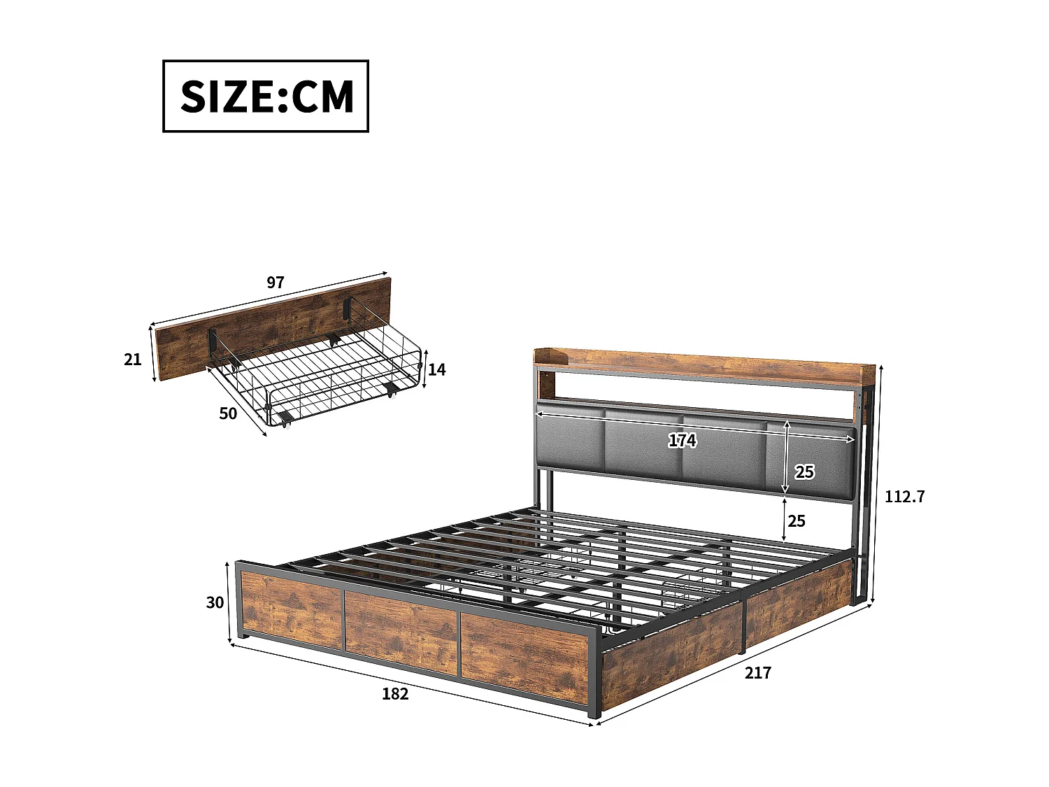 Lit capitonné en métal 180x200 cm, avec tête de lit LED et 4 tiroirs, PU, Marron