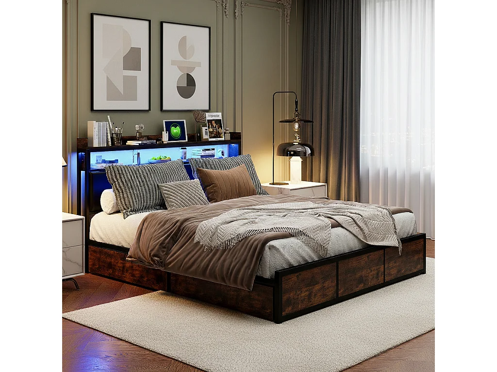 Lit capitonné en métal 180x200 cm, avec tête de lit LED et 4 tiroirs, PU, Marron