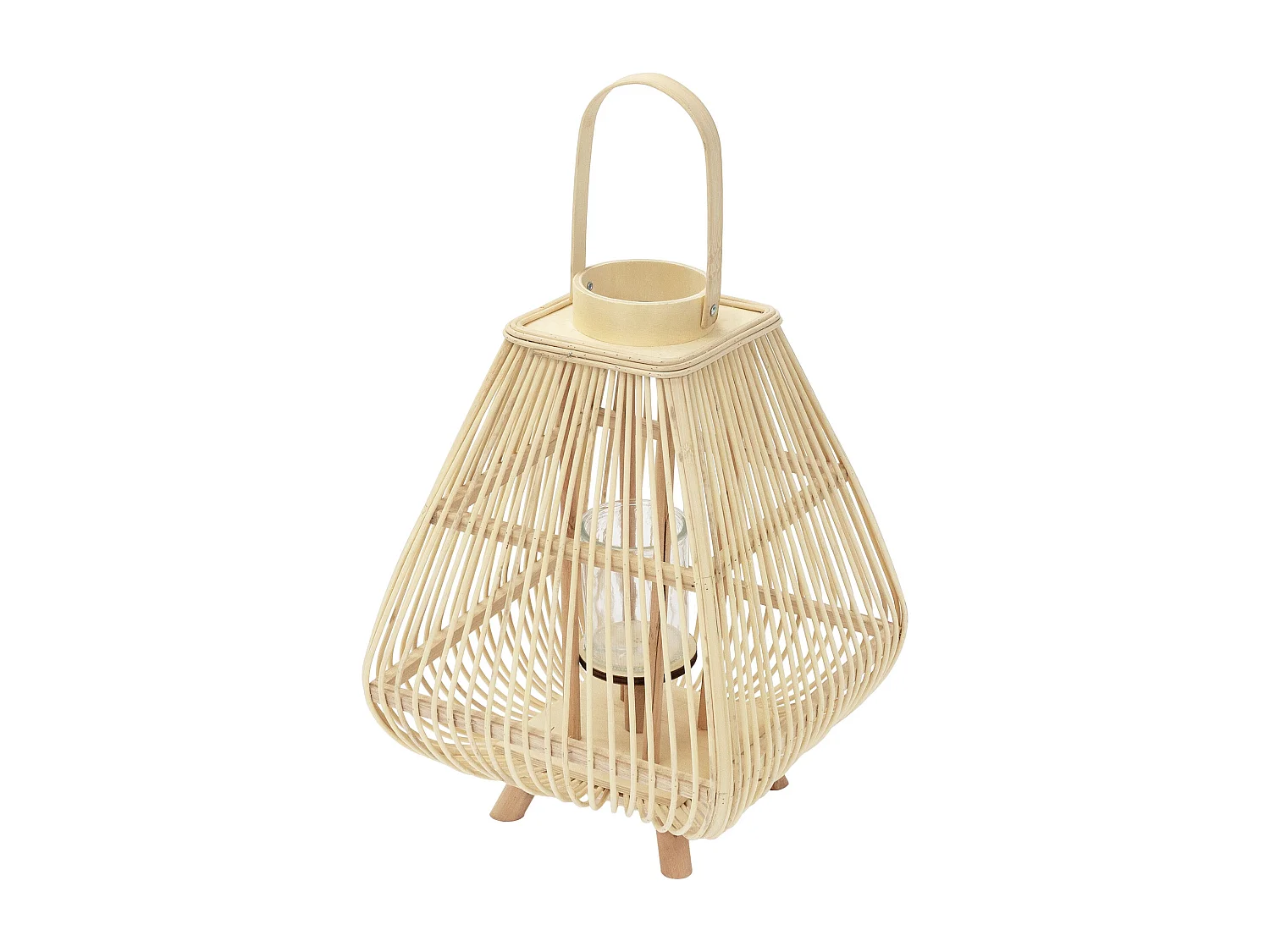 Lanterne en bambou 55.5 cm naturel avec poignée et insert en verre style bohème pour jardin salon porte-bougie tressé décoratif extérieur ou intérieur