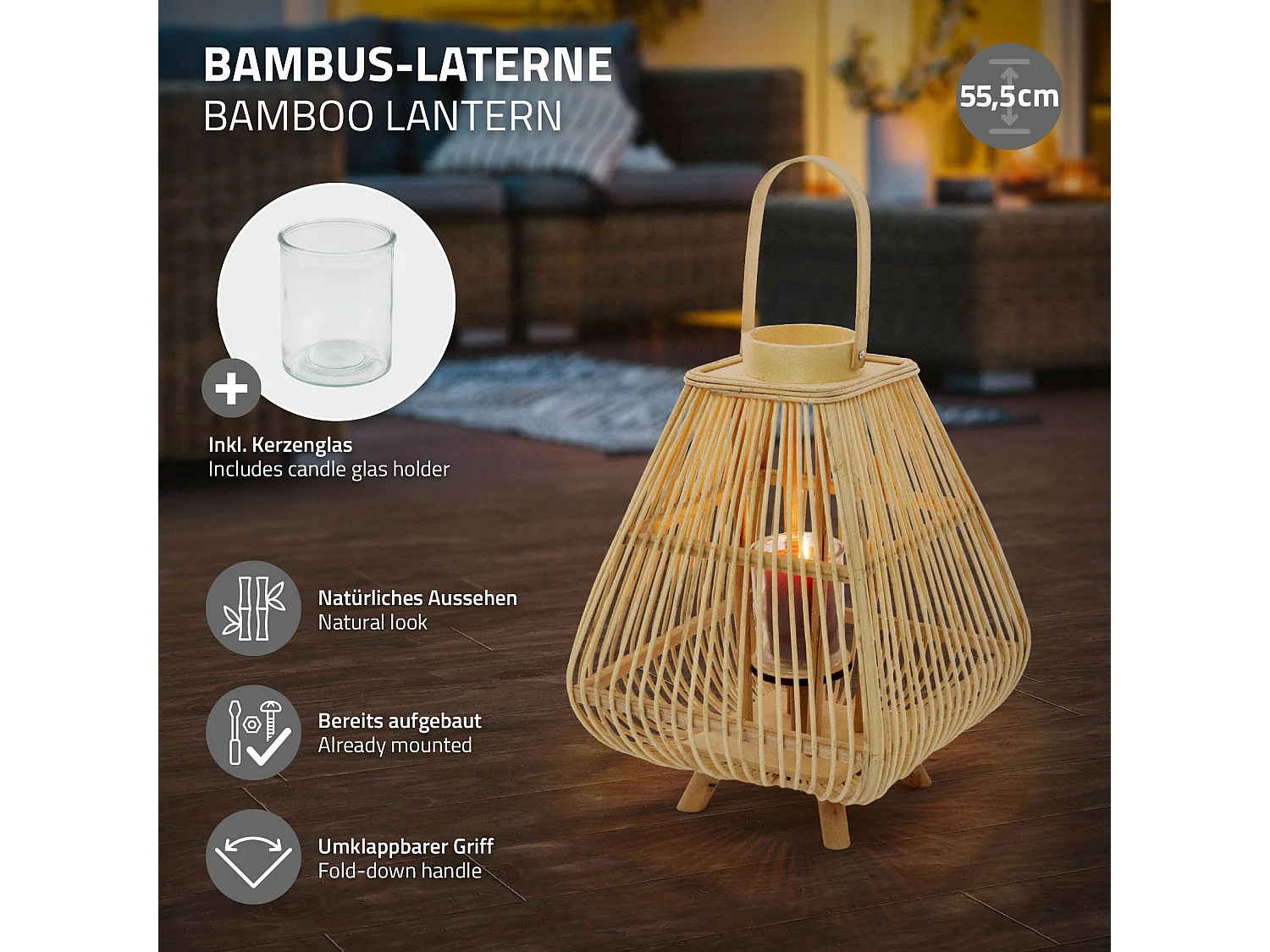Lanterne en bambou 55.5 cm naturel avec poignée et insert en verre style bohème pour jardin salon porte-bougie tressé décoratif extérieur ou intérieur