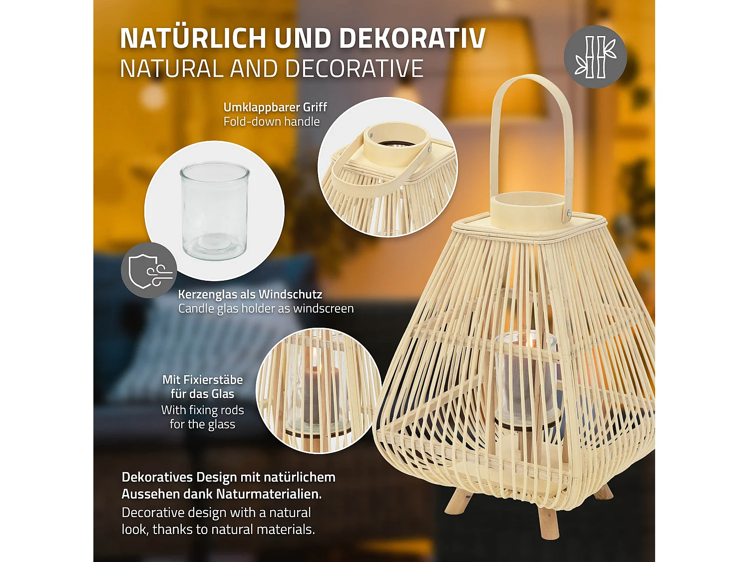 Lanterne en bambou 55.5 cm naturel avec poignée et insert en verre style bohème pour jardin salon porte-bougie tressé décoratif extérieur ou intérieur