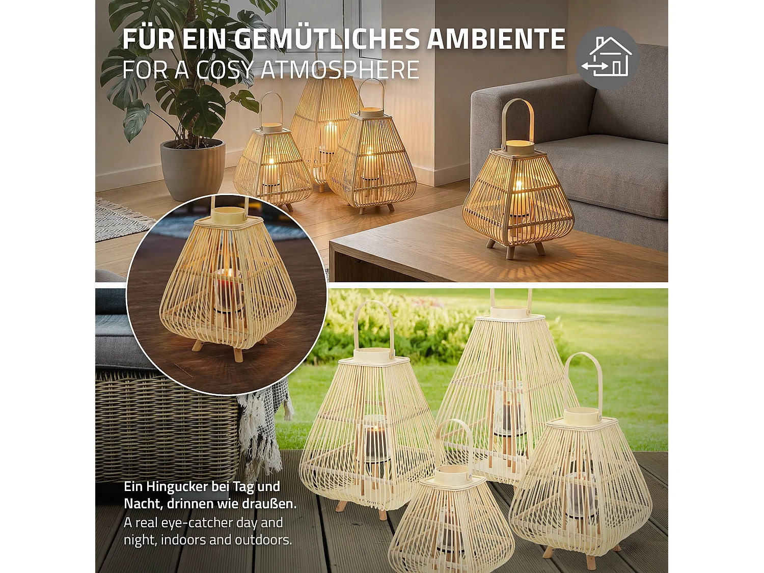 Lanterne en bambou 55.5 cm naturel avec poignée et insert en verre style bohème pour jardin salon porte-bougie tressé décoratif extérieur ou intérieur