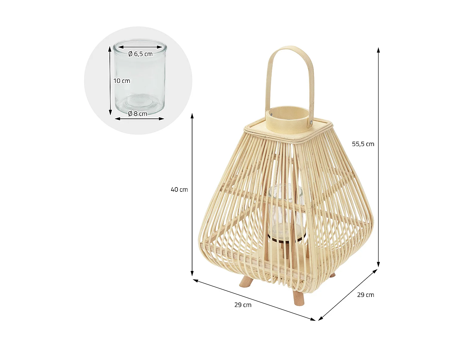 Lanterne en bambou 55.5 cm naturel avec poignée et insert en verre style bohème pour jardin salon porte-bougie tressé décoratif extérieur ou intérieur