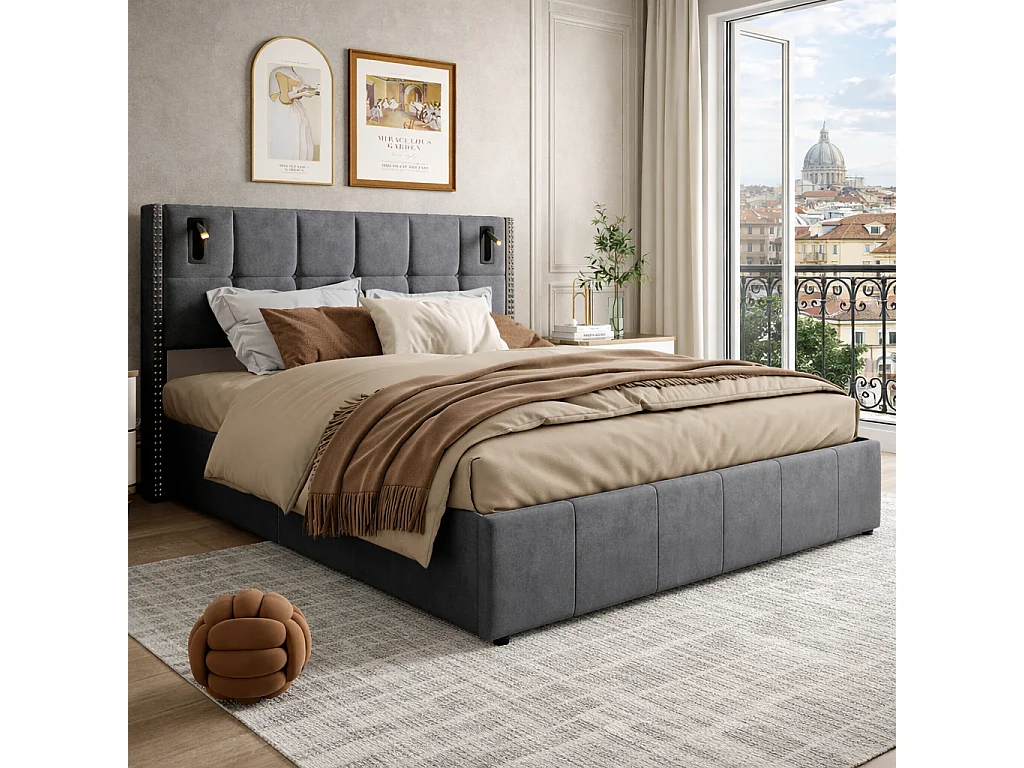 Lit coffre 140x200 cm avec 2 liseuses, sommier lattes, pour adolescents et adultes, gris