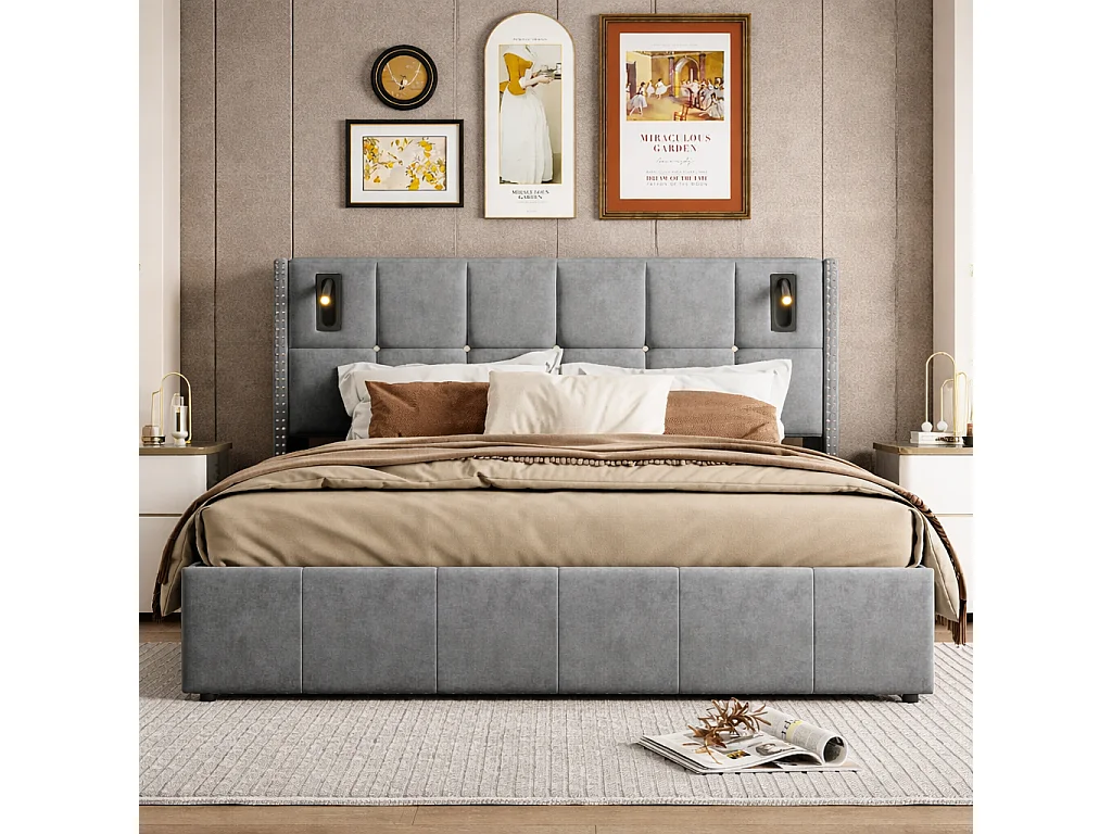 Lit coffre 140x200 cm avec 2 liseuses, sommier lattes, pour adolescents et adultes, gris