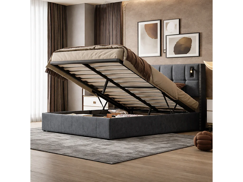 Lit coffre 160x200 cm avec 2 liseuses, sommier lattes, pour adolescents et adultes, gris