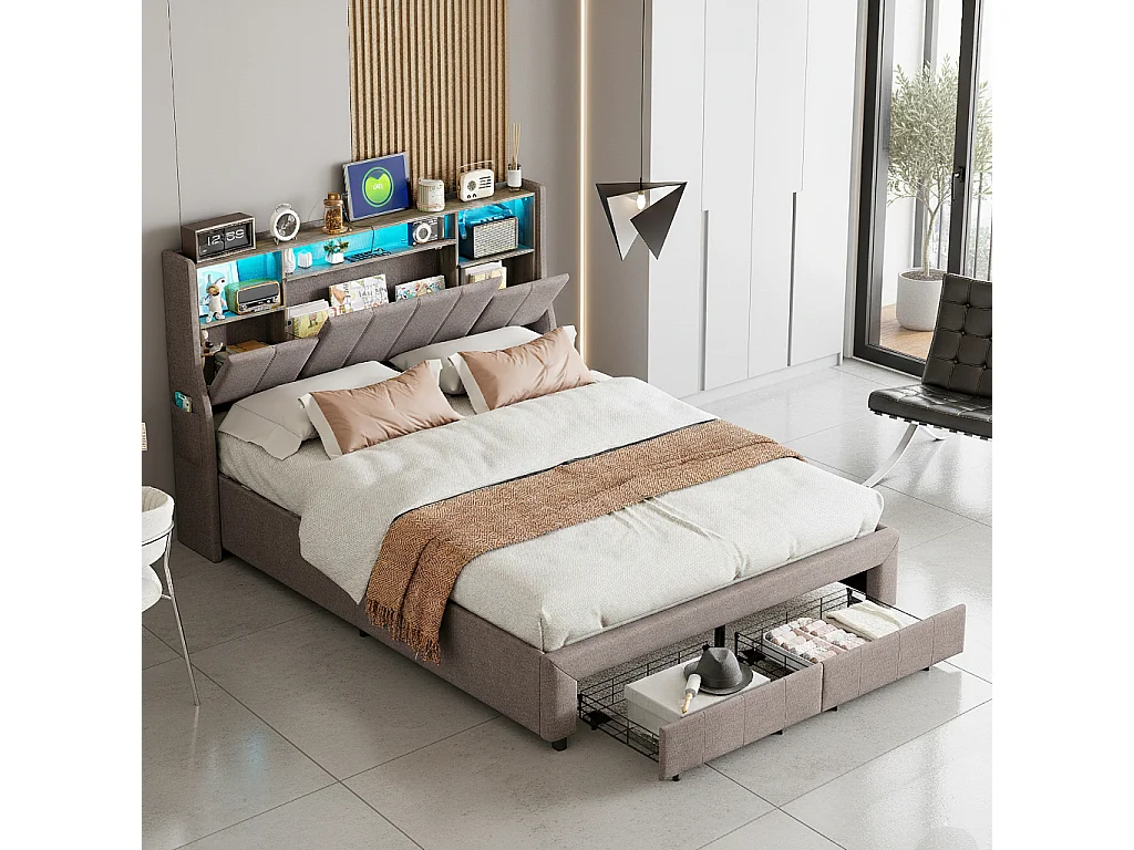 Lit double 160x200 cm, avec LED, 2 tiroirs de rangement, lin, gris
