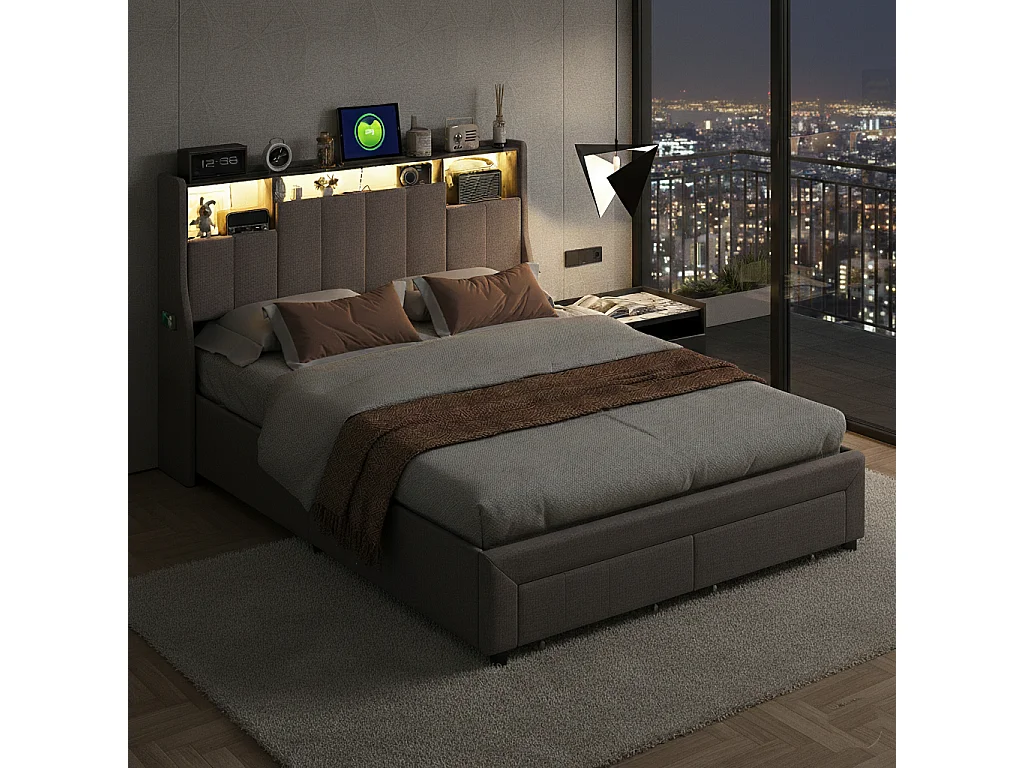 Lit double 160x200 cm, avec LED, 2 tiroirs de rangement, lin, gris