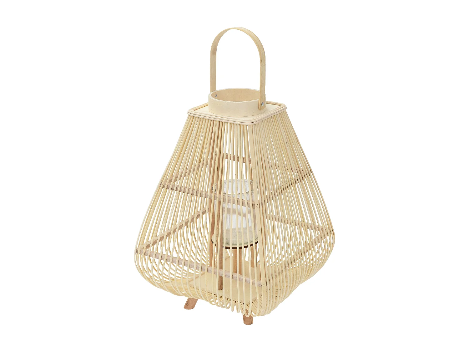 Lanterne en bambou 63.5 cm naturel avec poignée et insert en verre style bohème pour jardin salon porte-bougie tressé décoratif extérieur ou intérieur