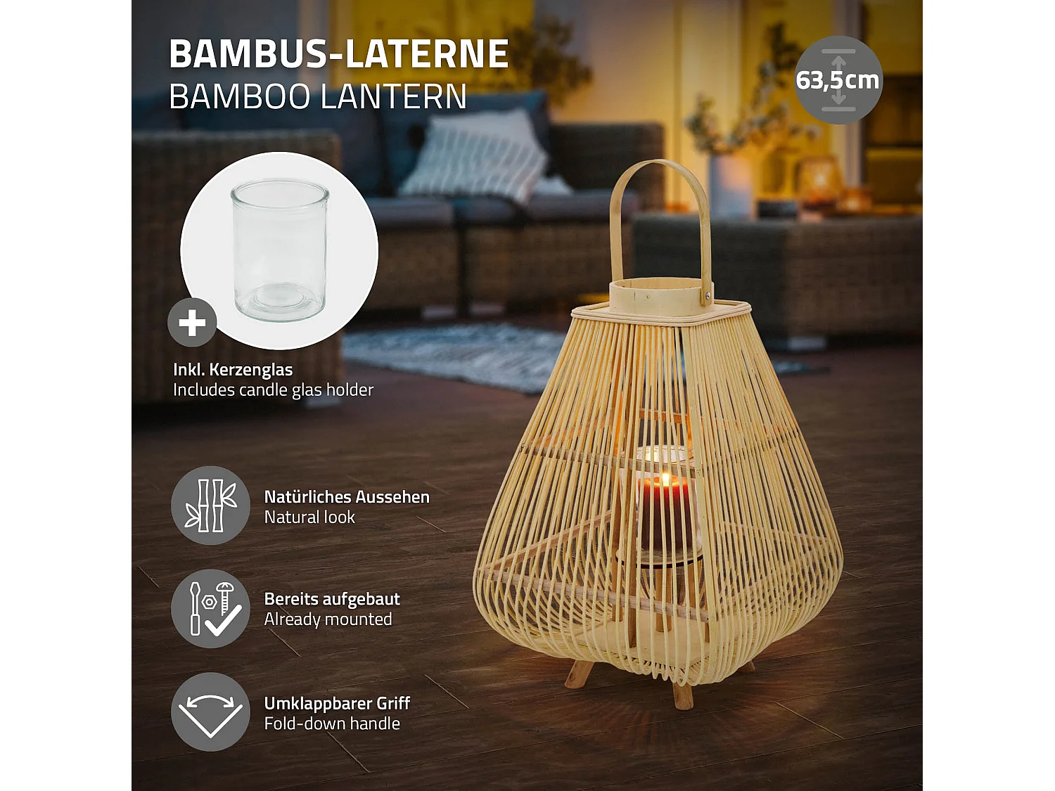 Lanterne en bambou 63.5 cm naturel avec poignée et insert en verre style bohème pour jardin salon porte-bougie tressé décoratif extérieur ou intérieur