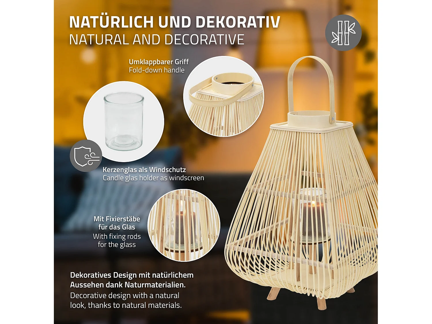 Lanterne en bambou 63.5 cm naturel avec poignée et insert en verre style bohème pour jardin salon porte-bougie tressé décoratif extérieur ou intérieur
