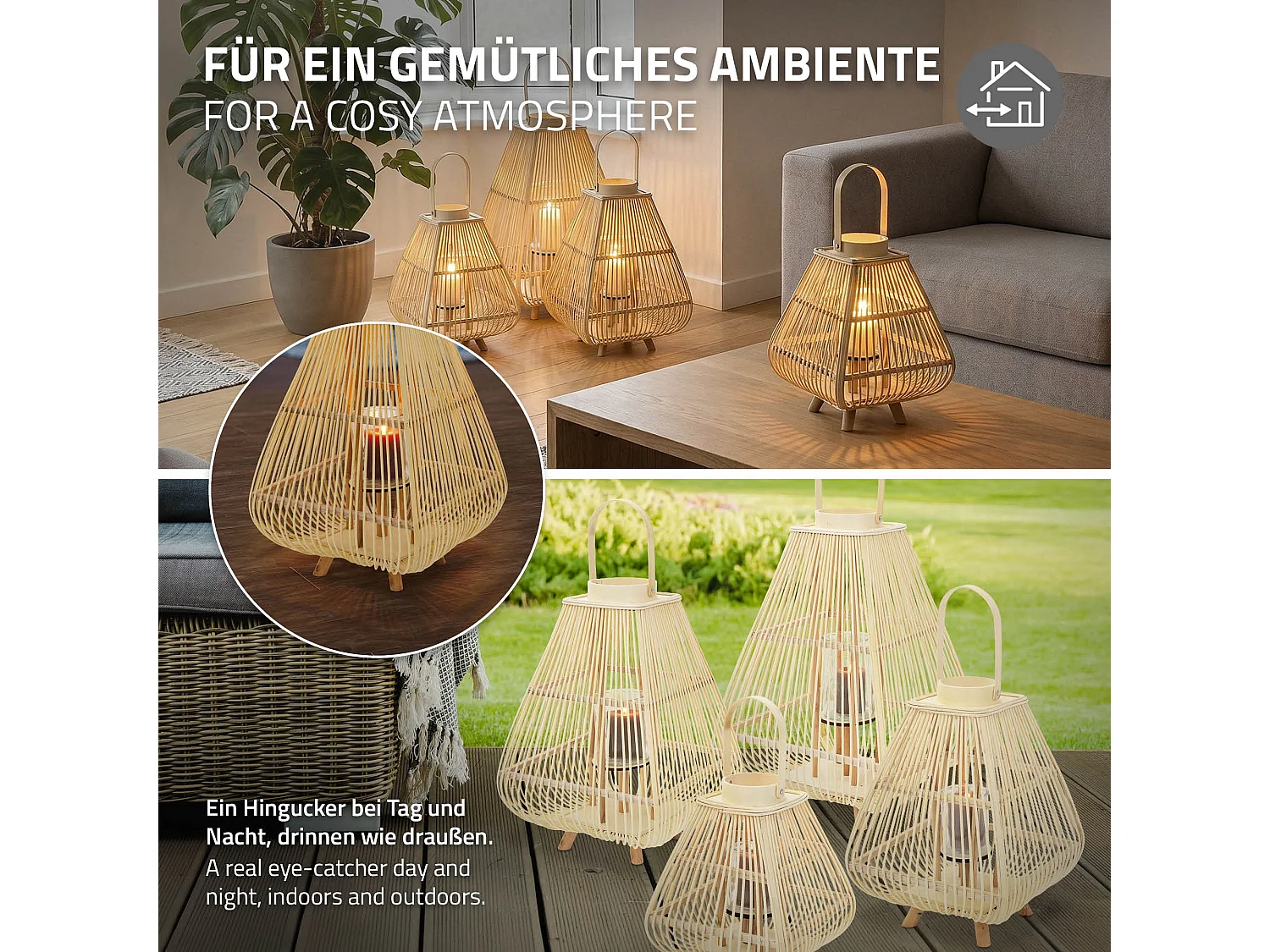 Lanterne en bambou 63.5 cm naturel avec poignée et insert en verre style bohème pour jardin salon porte-bougie tressé décoratif extérieur ou intérieur