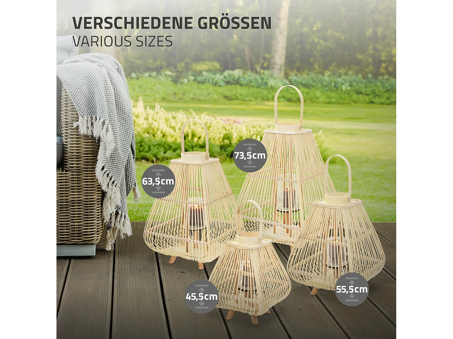 Lanterne en bambou 63.5 cm naturel avec poignée et insert en verre style bohème pour jardin salon porte-bougie tressé décoratif extérieur ou intérieur