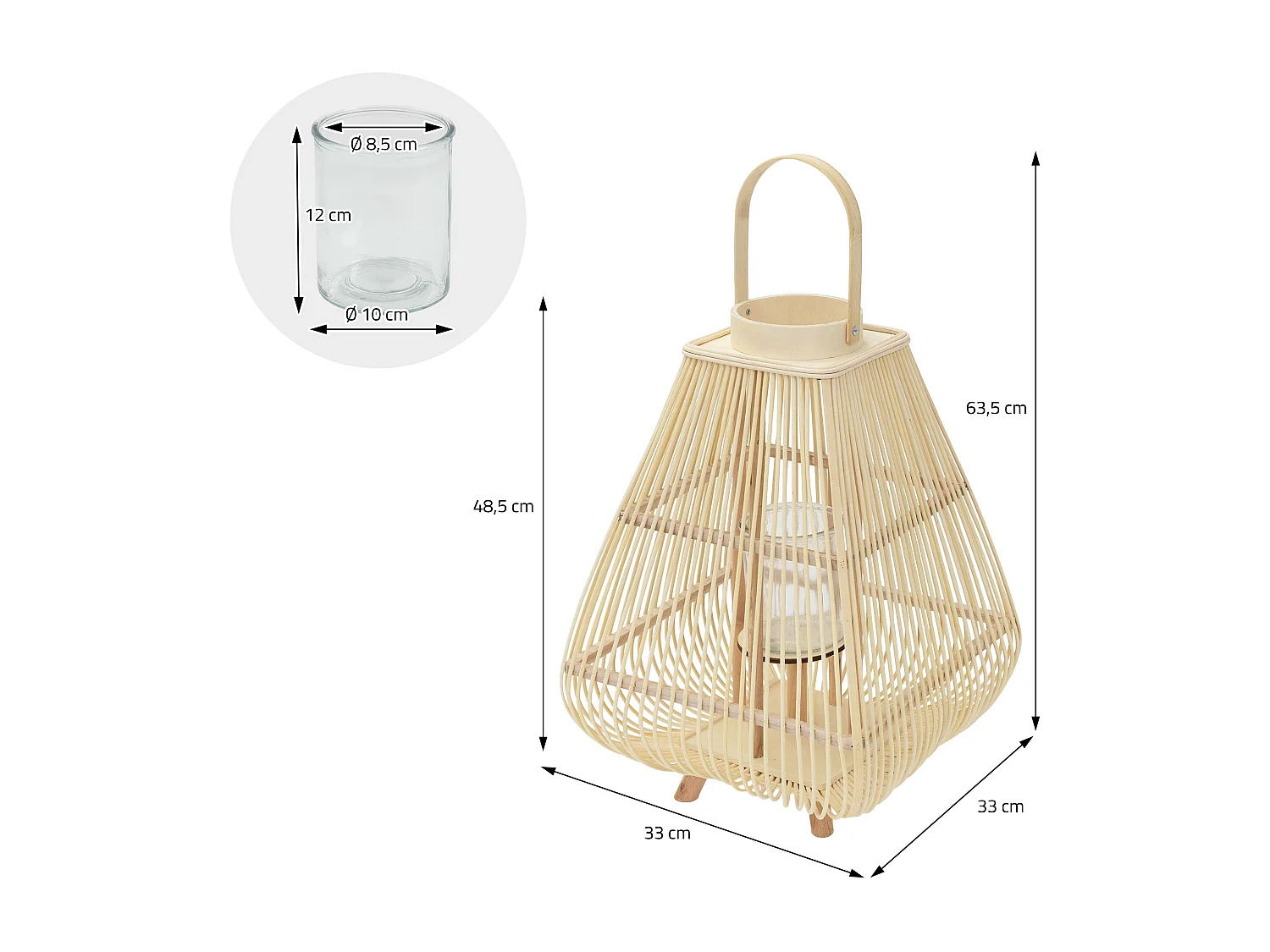 Lanterne en bambou 63.5 cm naturel avec poignée et insert en verre style bohème pour jardin salon porte-bougie tressé décoratif extérieur ou intérieur