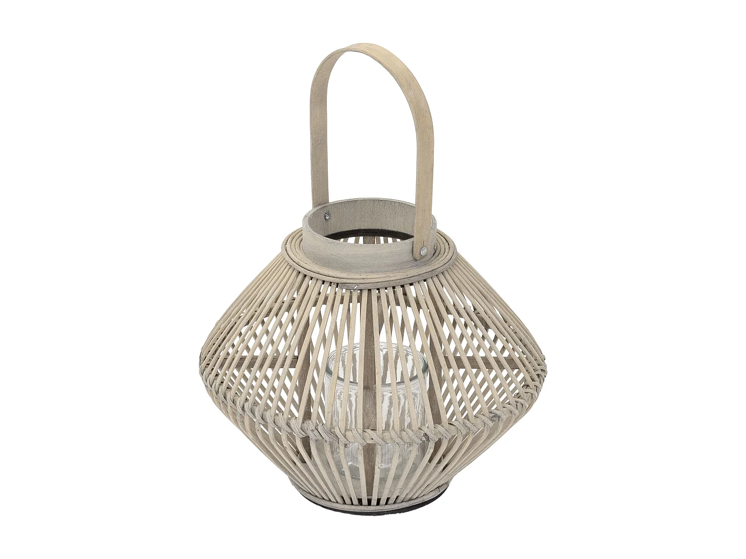 Lanterne en bambou 42 cm naturel avec poignée et insert en verre style bohème pour jardin salon porte-bougie tressé décoratif extérieur ou intérieur