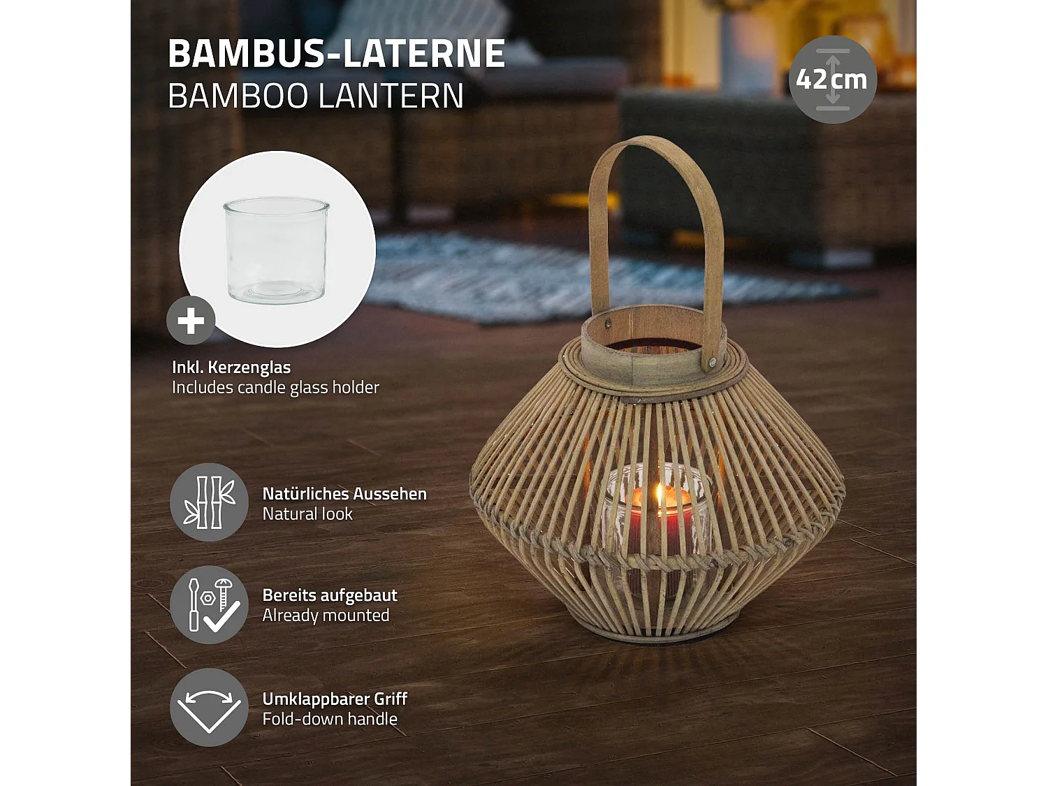 Lanterne en bambou 42 cm naturel avec poignée et insert en verre style bohème pour jardin salon porte-bougie tressé décoratif extérieur ou intérieur
