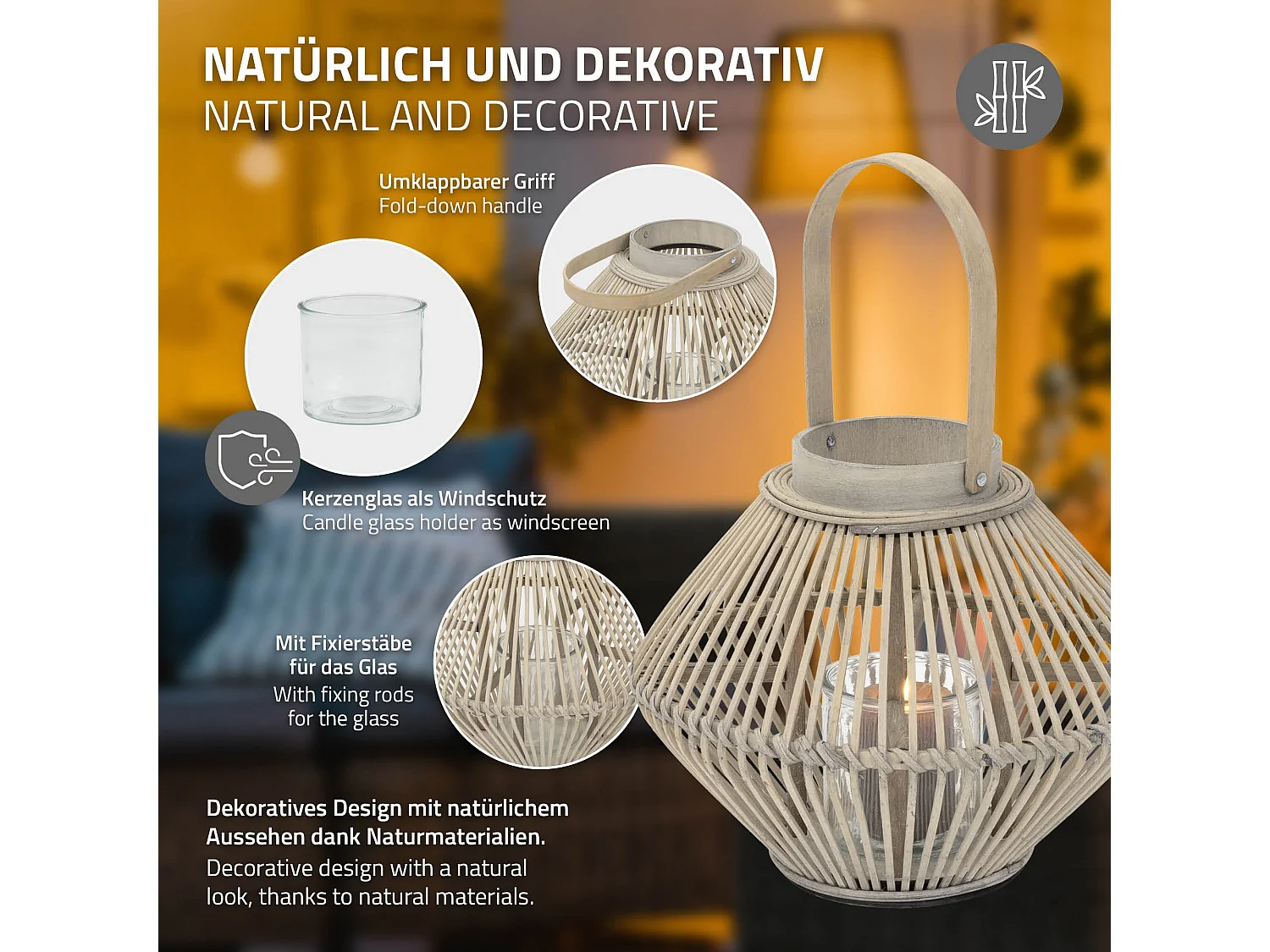 Lanterne en bambou 42 cm naturel avec poignée et insert en verre style bohème pour jardin salon porte-bougie tressé décoratif extérieur ou intérieur
