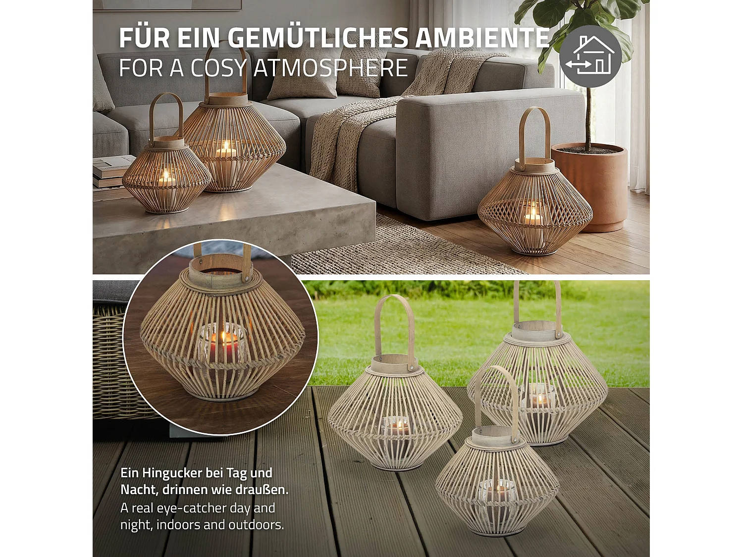 Lanterne en bambou 42 cm naturel avec poignée et insert en verre style bohème pour jardin salon porte-bougie tressé décoratif extérieur ou intérieur