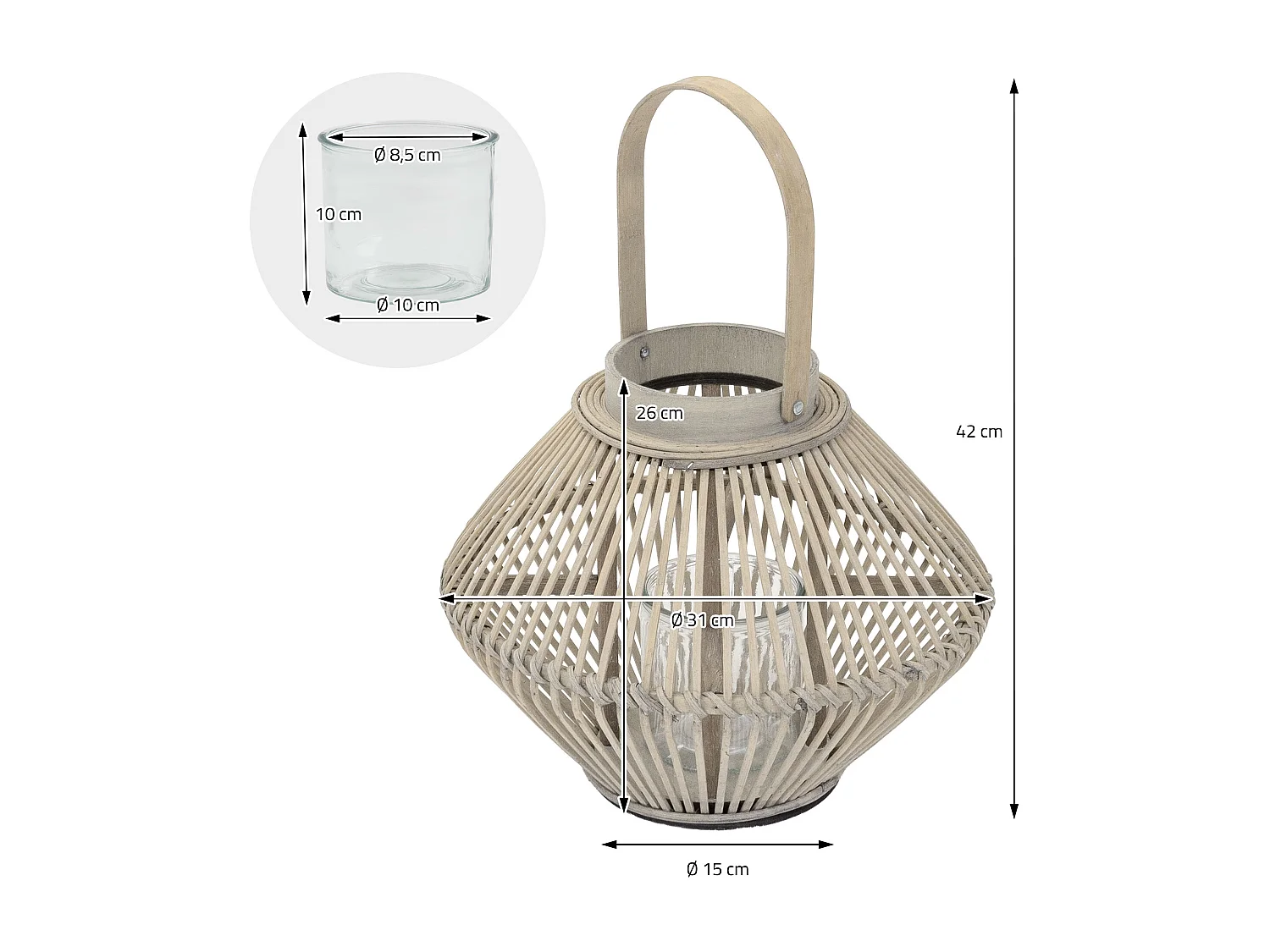 Lanterne en bambou 42 cm naturel avec poignée et insert en verre style bohème pour jardin salon porte-bougie tressé décoratif extérieur ou intérieur