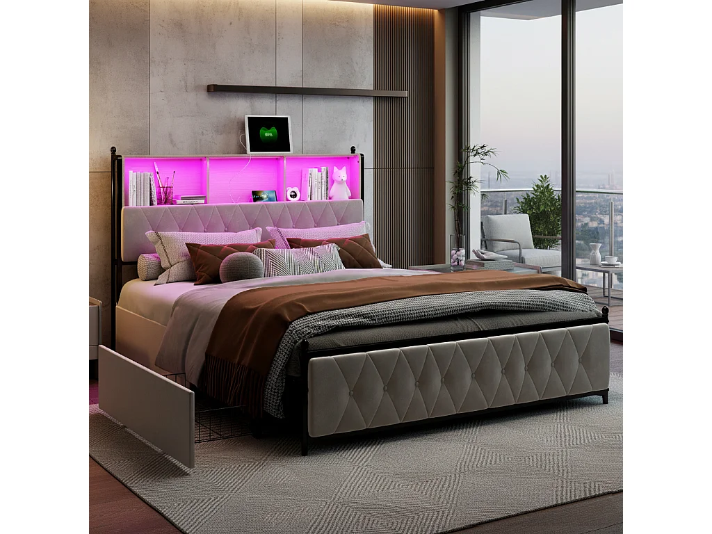 Lit adulte 180x200 cm avec LED et USB, 4 tiroirs, velours, beige