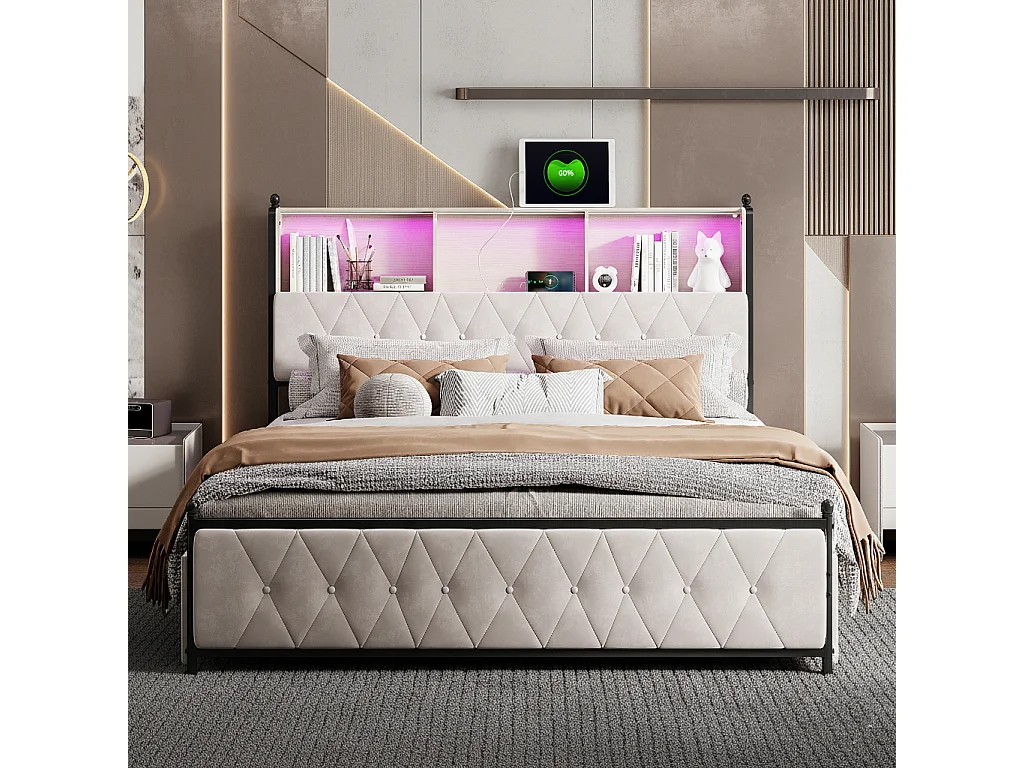 Lit adulte 180x200 cm avec LED et USB, 4 tiroirs, velours, beige