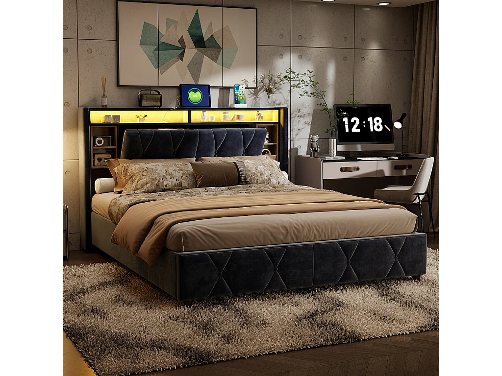 Lit coffre 140x200 cm avec USB et type-c, lumière LED, velours, gris