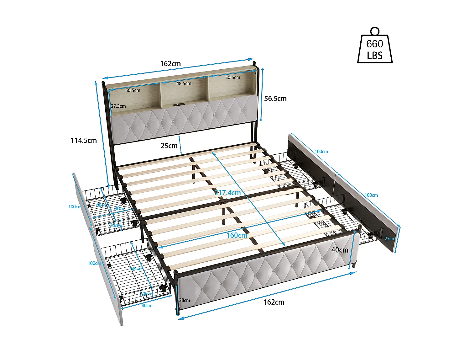 Lit adulte 160x200 cm avec LED et USB, 4 tiroirs, velours, beige
