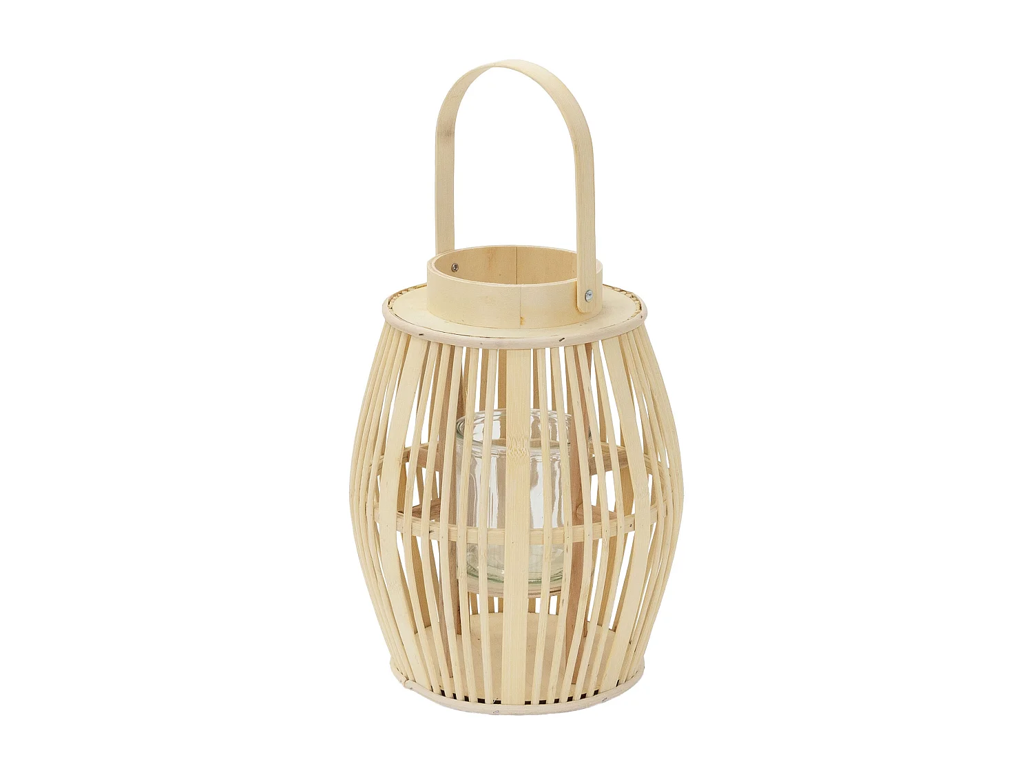 Lanterne en bambou H 44 cm naturel avec poignée et insert en verre style bohème pour jardin salon porte-bougie tressé décoratif extérieur ou intérieur