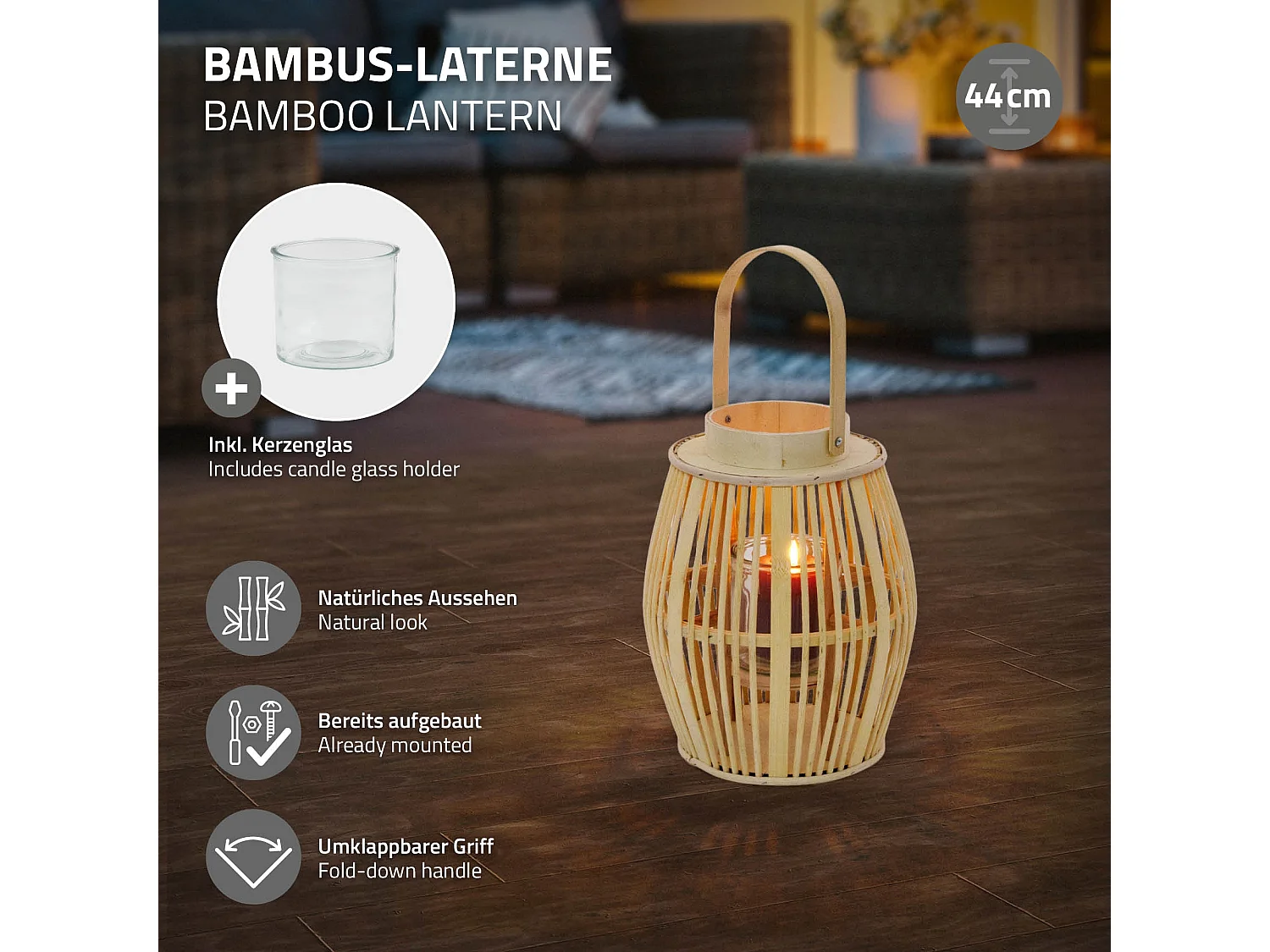 Lanterne en bambou H 44 cm naturel avec poignée et insert en verre style bohème pour jardin salon porte-bougie tressé décoratif extérieur ou intérieur